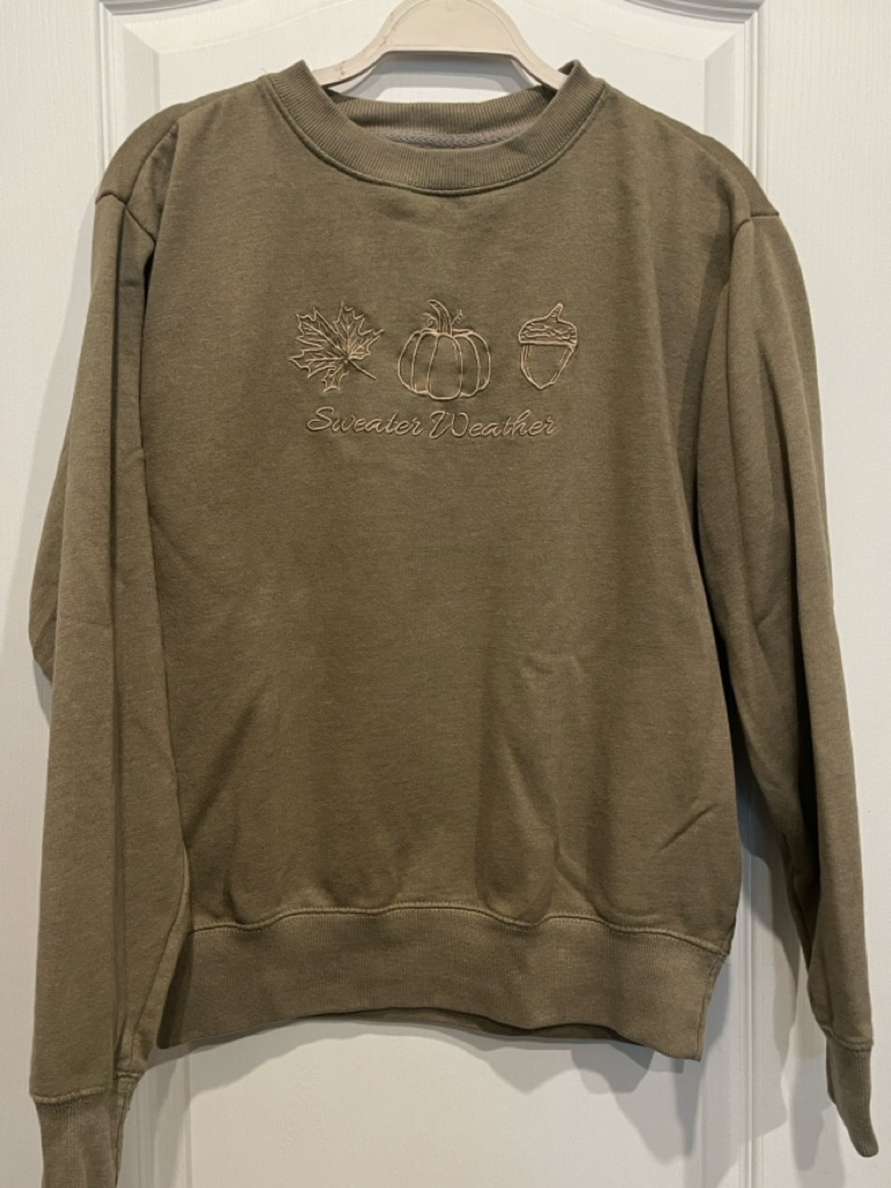 Sweater Weather Embroidered Crewneck Sweater - Olive